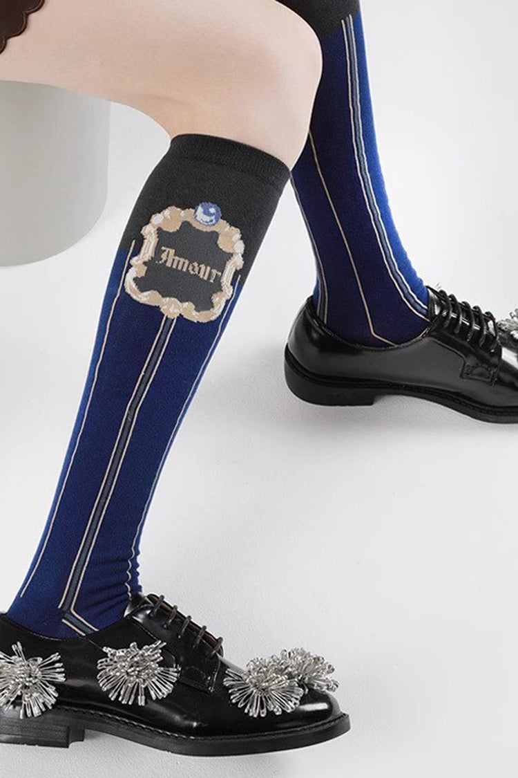 Pearl Knee-High Print Sweet Lolita Socks 4 Colors - Blue - 3