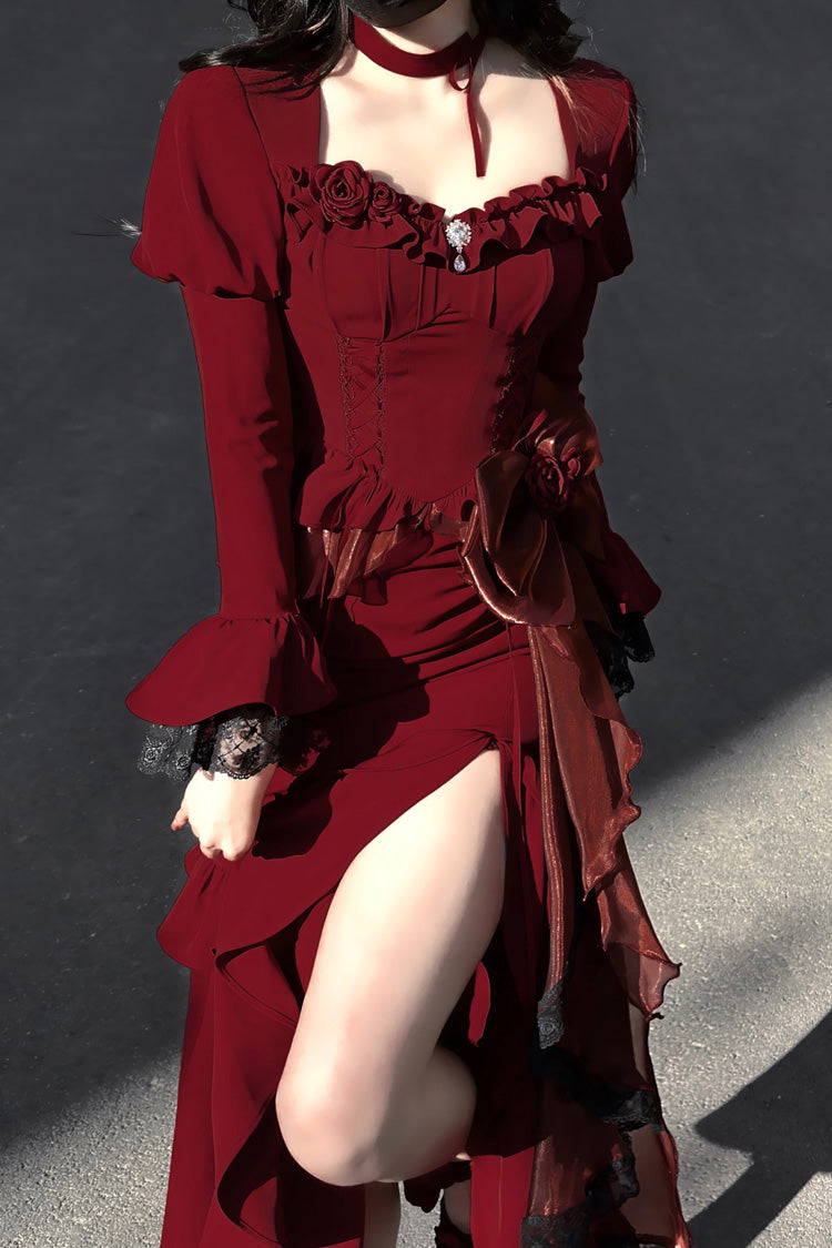 Red Rose Long Sleeves Bowknot Classic Elegant Princess Mermaid Lolita Dress - Red - 1