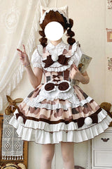 Brown [Calico Cat] Sleeveless Triple-Layered Printed Ruffled Bow Plush Sweet Lolita Jsk Dress - Product - 3