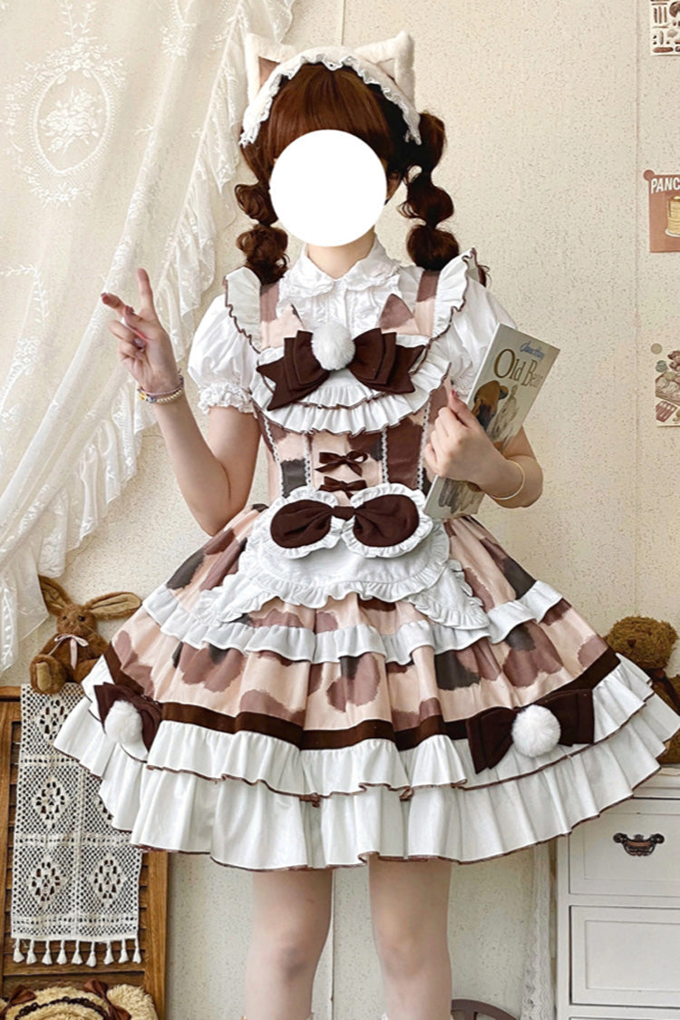 Brown [Calico Cat] Sleeveless Triple-Layered Printed Ruffled Bow Plush Sweet Lolita Jsk Dress - Product - 3