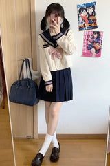 Dark Blue/Ivory Sailor Collar Long Sleeves Sweet Japanese School Skirt Set - Product - 5