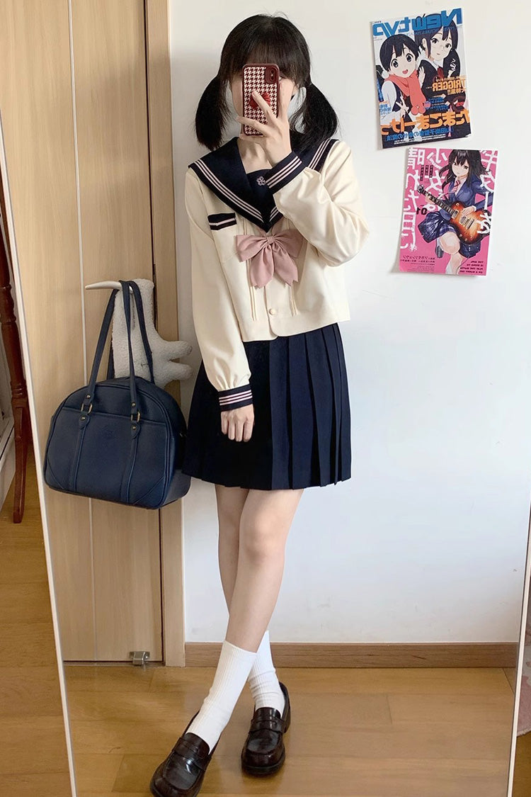 Dark Blue/Ivory Sailor Collar Long Sleeves Sweet Japanese School Skirt Set - Product - 5