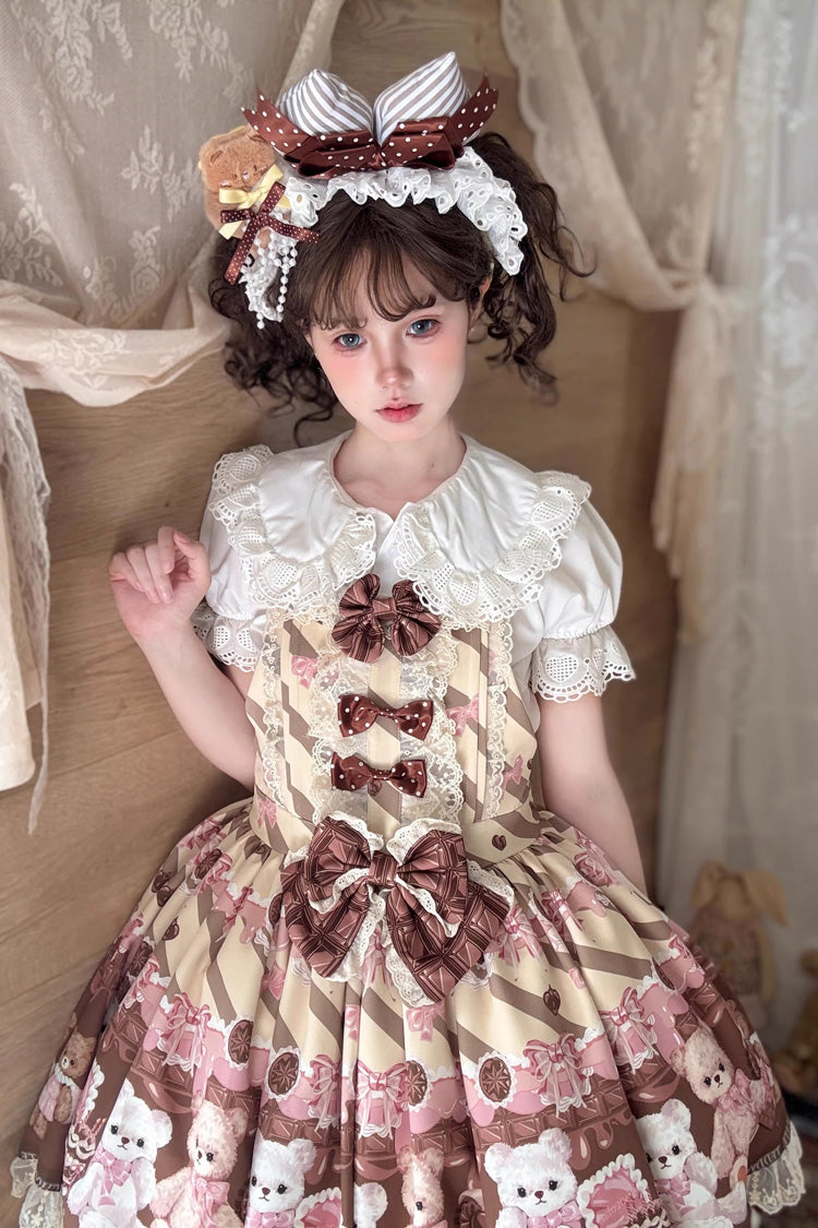 [Chocolate Brownie] Sleeveless Printed Ruffled Bow Lace Sweet Lolita Strap Dress 2 Colors - Product - 6