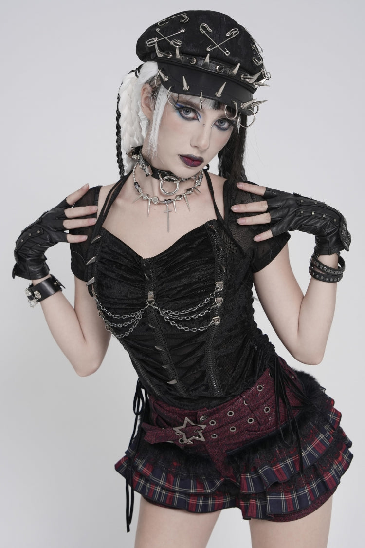 Black Short Sleeves Slim Studded Pleated Chain-Decorated Women's Punk Cool Blouse - Black - 1