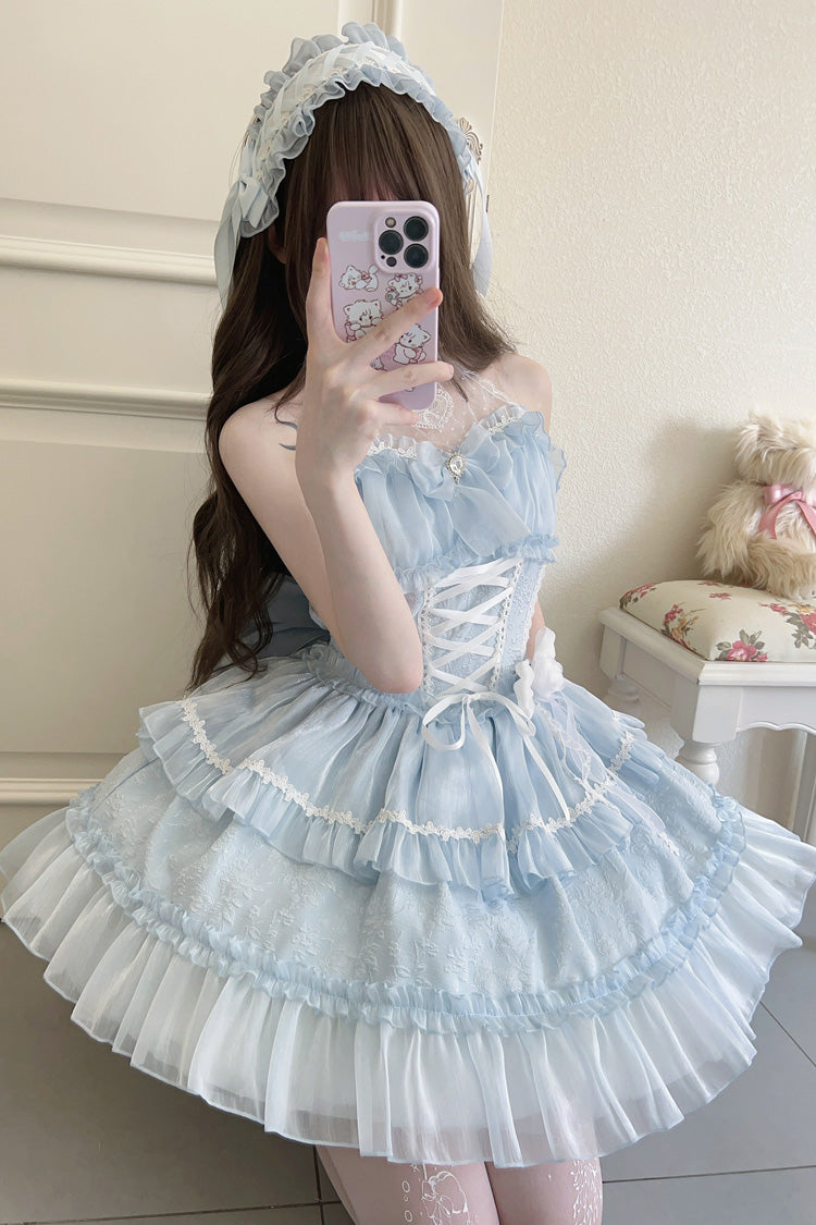 Light Blue Halterneck Triple-Layered Bowknot Lace Sweet Lolita Jsk Dress - Product - 6