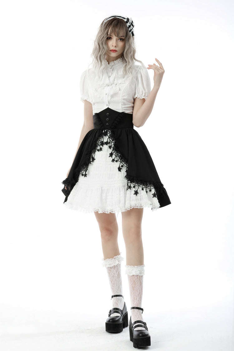 White Short Puff Sleeves Ruffled Neckline Lace Lace-Up Women's Gothic Blouse - Product - 6