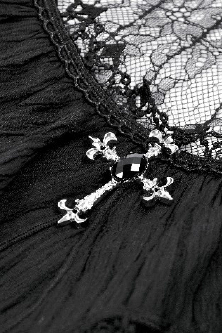 Black Lace Short Sleeves Cross Ruffled Women's Gothic Graduation Dress - Product - 15
