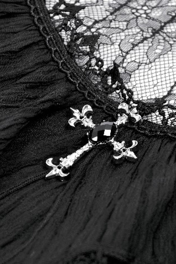 Black Lace Short Sleeves Cross Ruffled Women's Gothic Graduation Dress - Product - 15