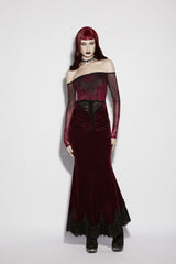 Red Lace Velvet Pleated Women's Gothic Elegant Mermaid Skirt - Product - 5
