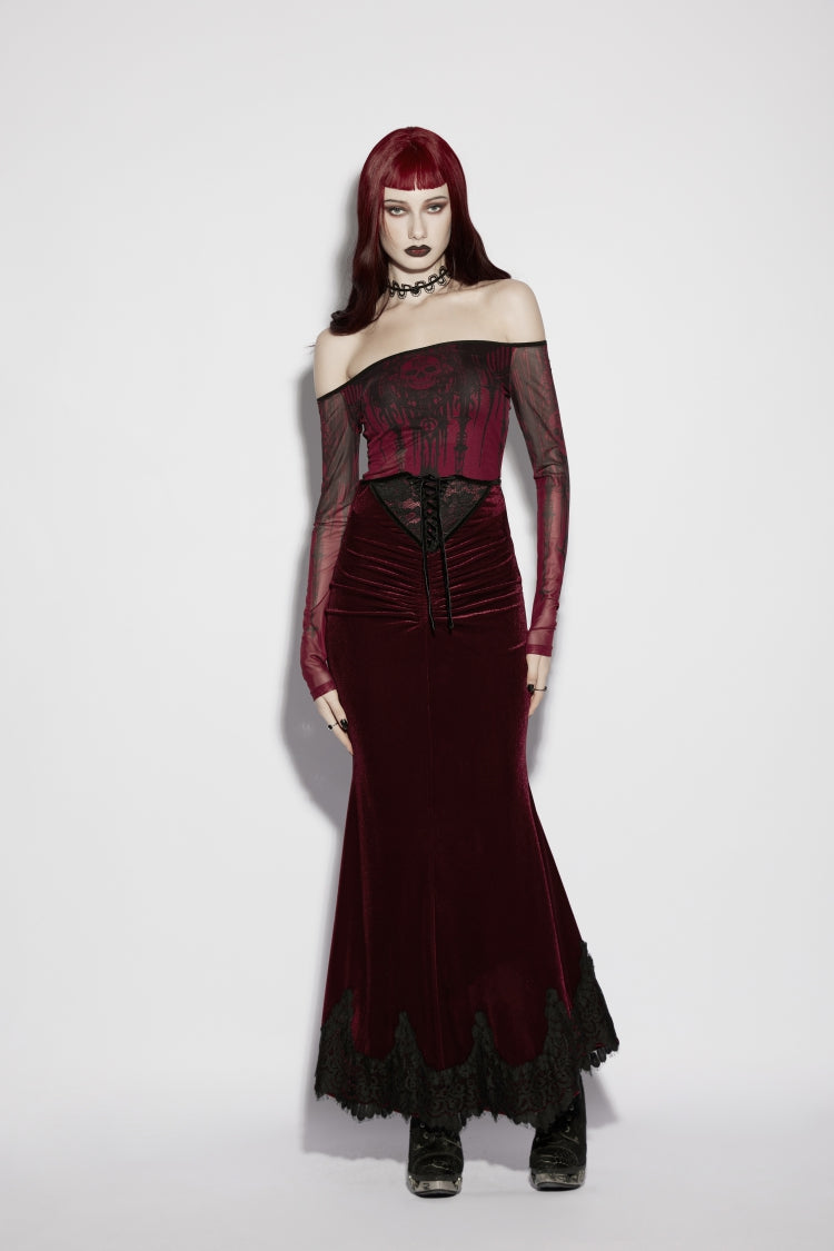 Red Lace Velvet Pleated Women's Gothic Elegant Mermaid Skirt - Product - 5