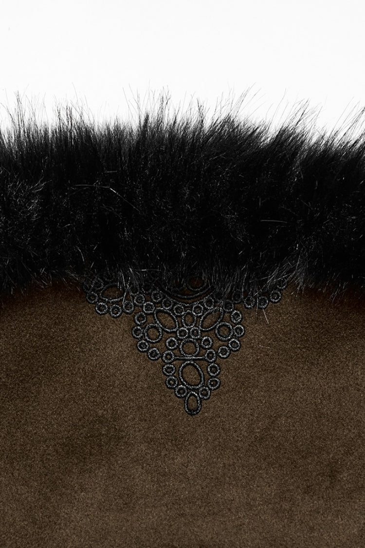 Coffee Long Sleeves Faux Fur Stitching Lace-Up Detachable Women's Gothic Coat - Product - 5