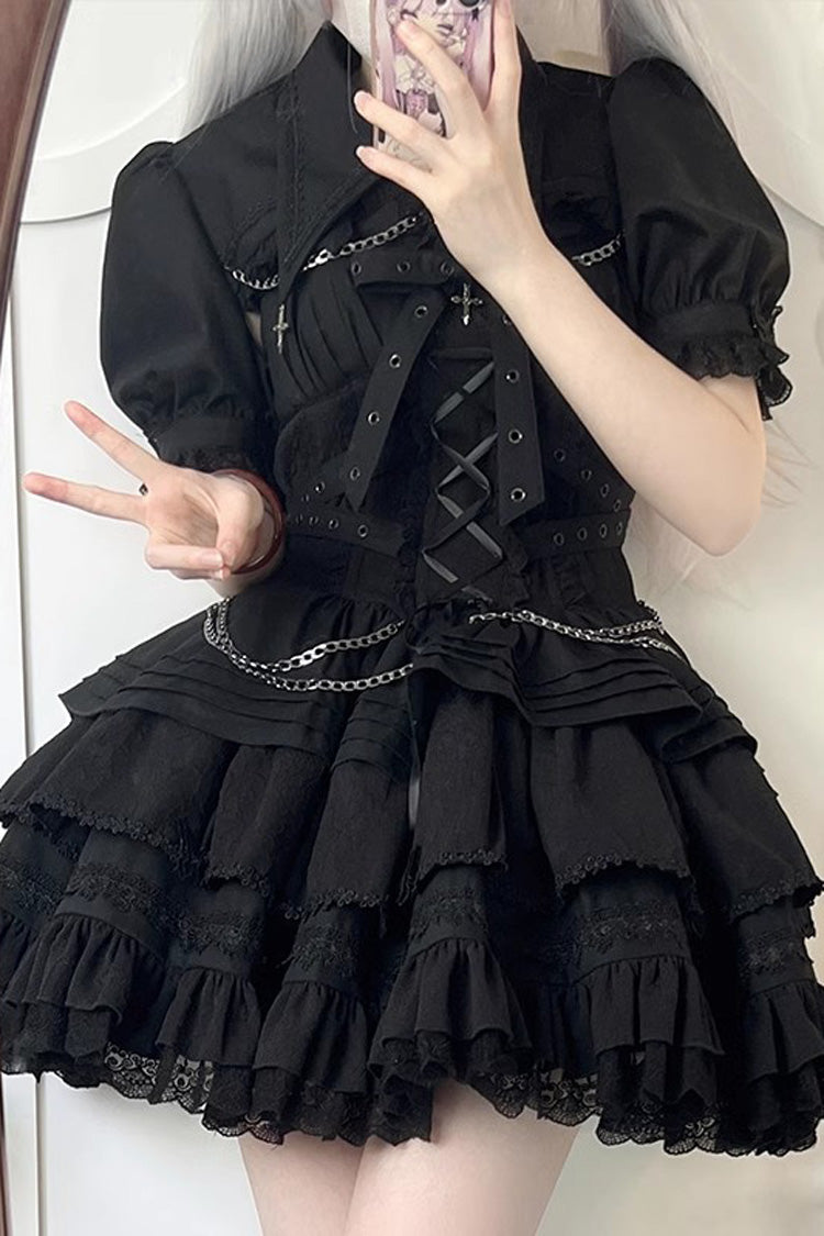 [Covenant Cross] Sleeveless Triple-Layered Ruffle Bowknot Lace-Up Gothic Lolita Jsk Dress 6 Colors - Product - 4