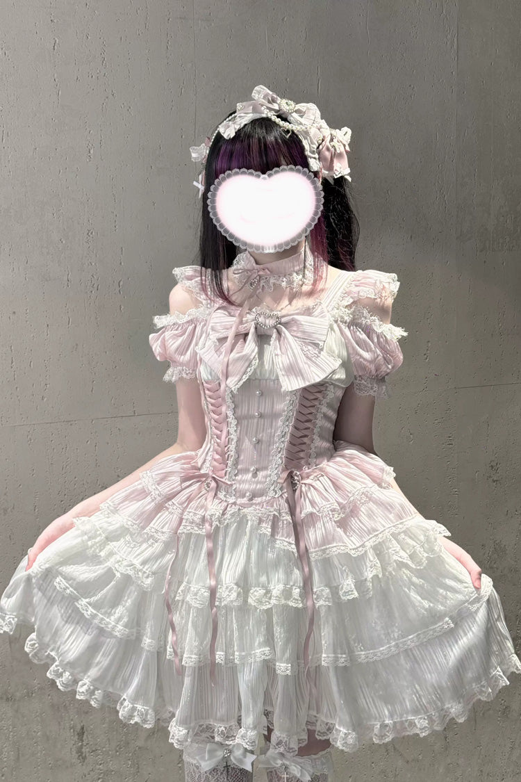 Pink/White [Pearl Nocturne] Square Collar Flutter Sleeves Multi-Layered Printed Ruffled Bow Lace Sweet Japanese Lolita Dress - Pink/White - 1