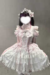 Pink/White [Pearl Nocturne] Square Collar Flutter Sleeves Multi-Layered Printed Ruffled Bow Lace Sweet Japanese Lolita Dress - Pink/White - 1