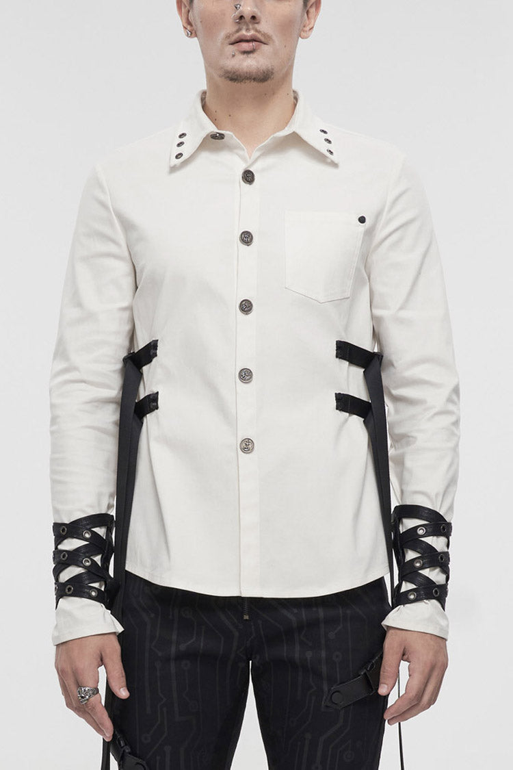 White Punk Nylon Strap Metal Buckle Decoration Long Sleeve Elasticity Thick Men's Shirt - White - 1