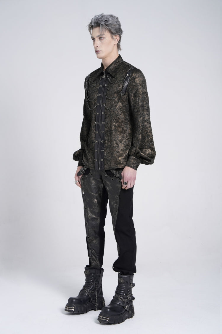 Black Lapel Collar Long Puff Sleeves Faux Leather Stitching Men's Gothic Blouse with Chain - Product - 8