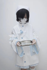 White/Blue Medical Angel Long Sleeves Print Loose Sweet Jirai Kei Japanese Set - Product - 4