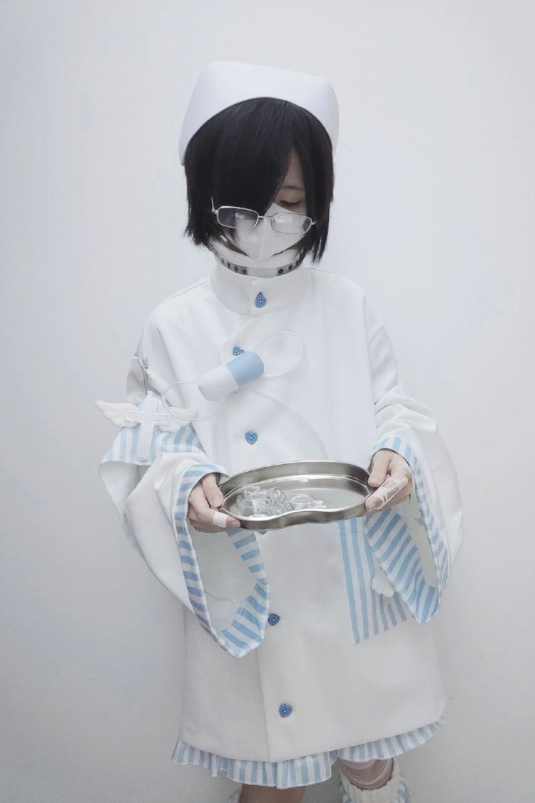 White/Blue Medical Angel Long Sleeves Print Loose Sweet Jirai Kei Japanese Set - Product - 4
