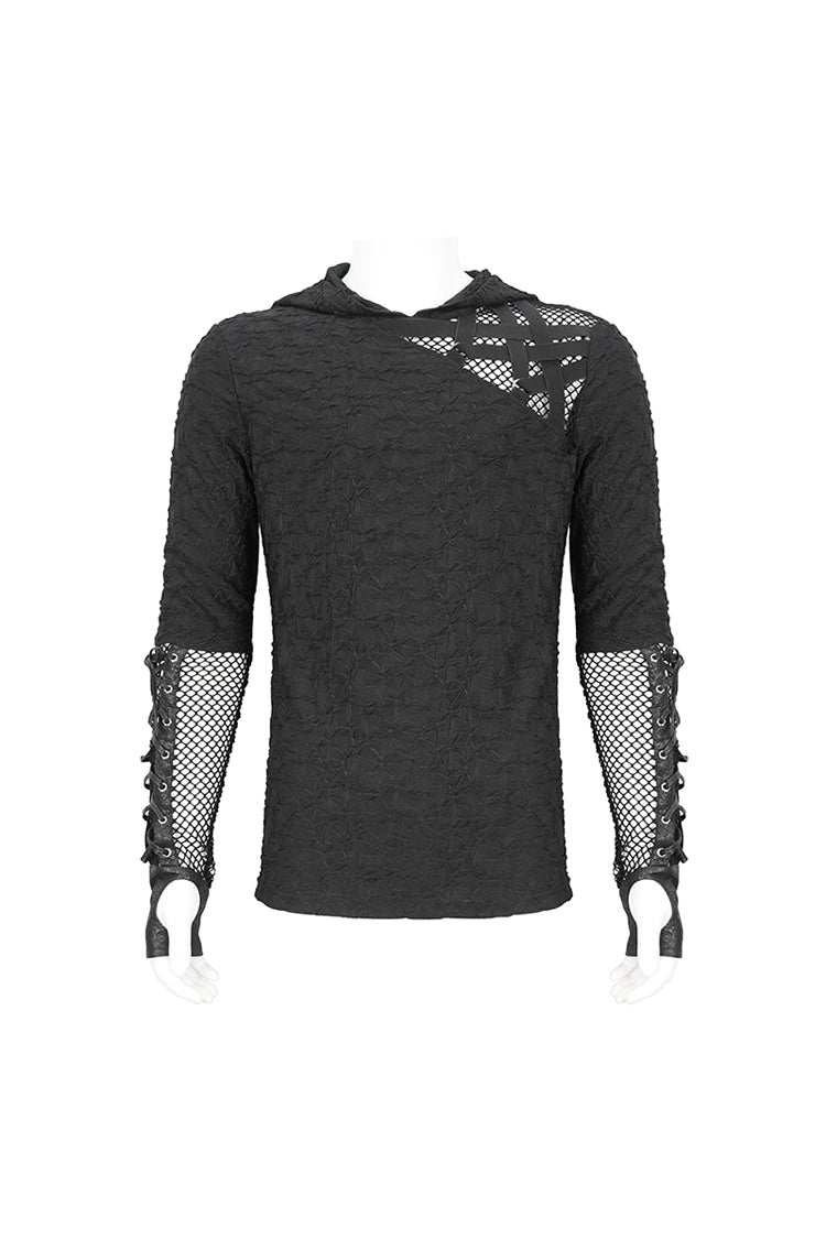 Black Lace Up Mesh Splice Long Sleeve Men's Punk Hoodies - Product - 10