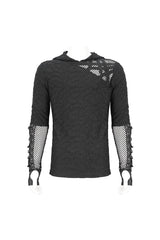 Black Lace Up Mesh Splice Long Sleeve Men's Punk Hoodies - Product - 10