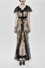 High End Long Transparent Lace Big Split Chiffon Sleeves Womens Gothic Dress - Black - 1