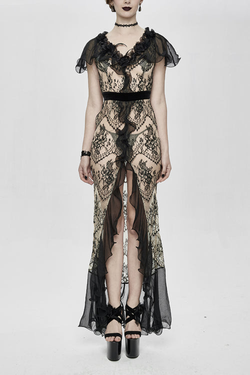 High End Long Transparent Lace Big Split Chiffon Sleeves Womens Gothic Dress - Black - 1