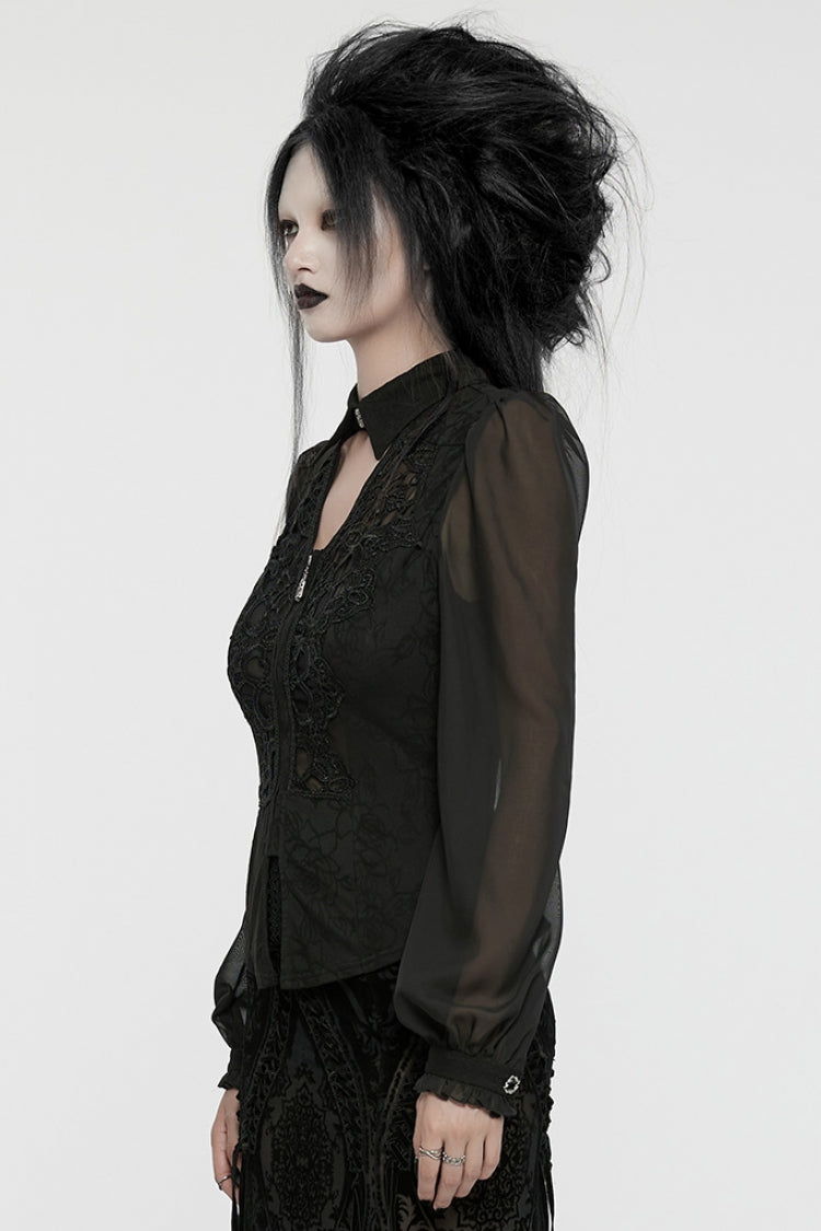 Black V Collar Long Puff Sleeves Embroidery Mesh Women's Gothic Blouse - Product - 2