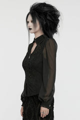 Black V Collar Long Puff Sleeves Embroidery Mesh Women's Gothic Blouse - Product - 2
