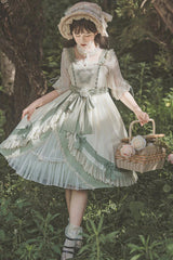 White/Green Country Style Daisy Poem Elegant Boat Neck High Waisted Sweet Lolita Jsk Dress - Product - 3
