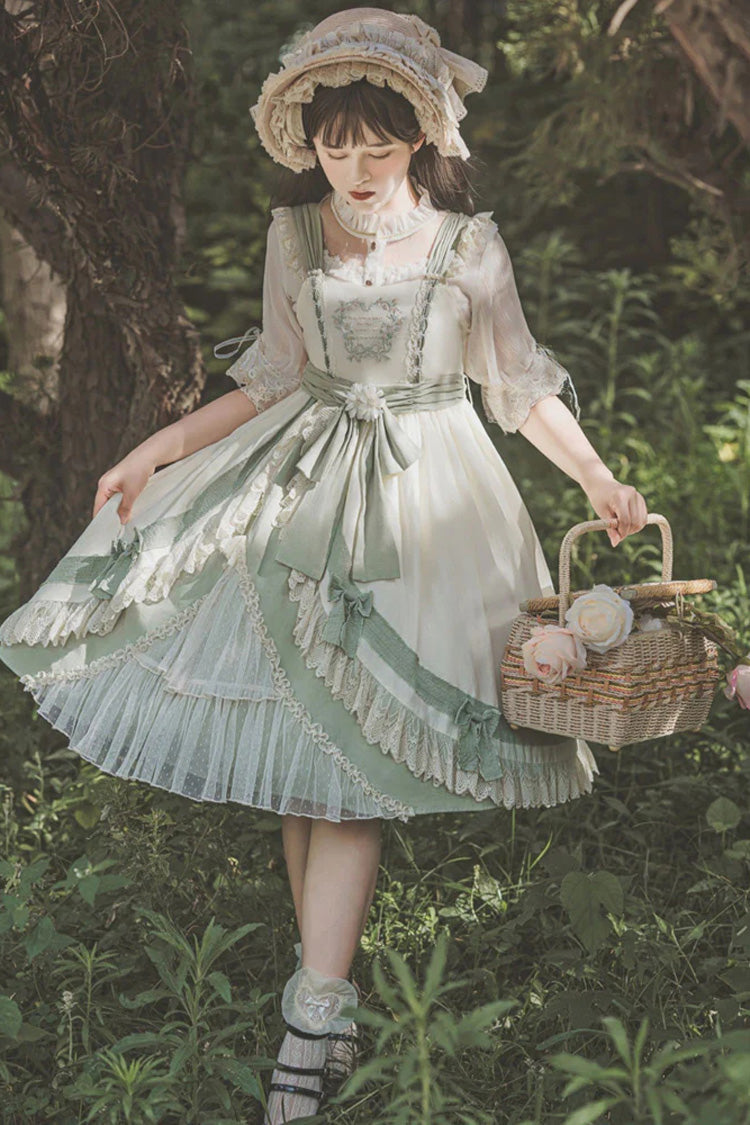 White/Green Country Style Daisy Poem Elegant Boat Neck High Waisted Sweet Lolita Jsk Dress - Product - 3