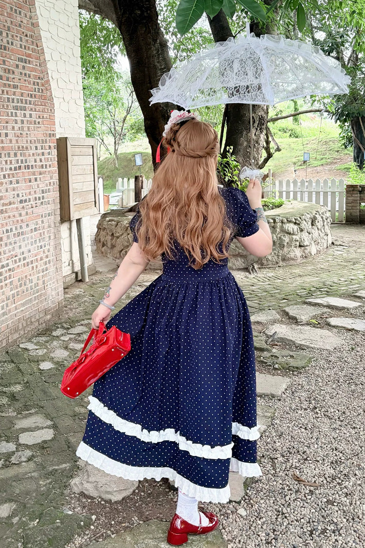 Blue V Collar Short Sleeves Polka Dot Printed Ruffled Bow Lace Classic Plus Size Preppy Style Lolita Dress - Product - 7