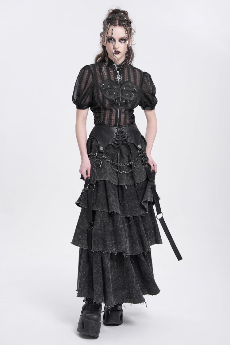 Black Stand Collar Short Puff Sleeves Sheer Mesh Women's Gothic Blouse - Product - 12