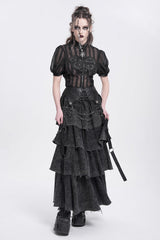 Black Stand Collar Short Puff Sleeves Sheer Mesh Women's Gothic Blouse - Product - 12