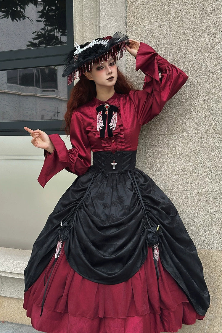 Black/Red [Moonlit Return] Printed Boned Gothic Elegant Lolita Skirt - Product - 7