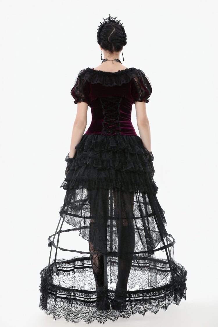 Black Ruffled Doll Collar Short Puff Sleeves Lace-Up Women's Gothic Princess Velvet Cape - Product - 12