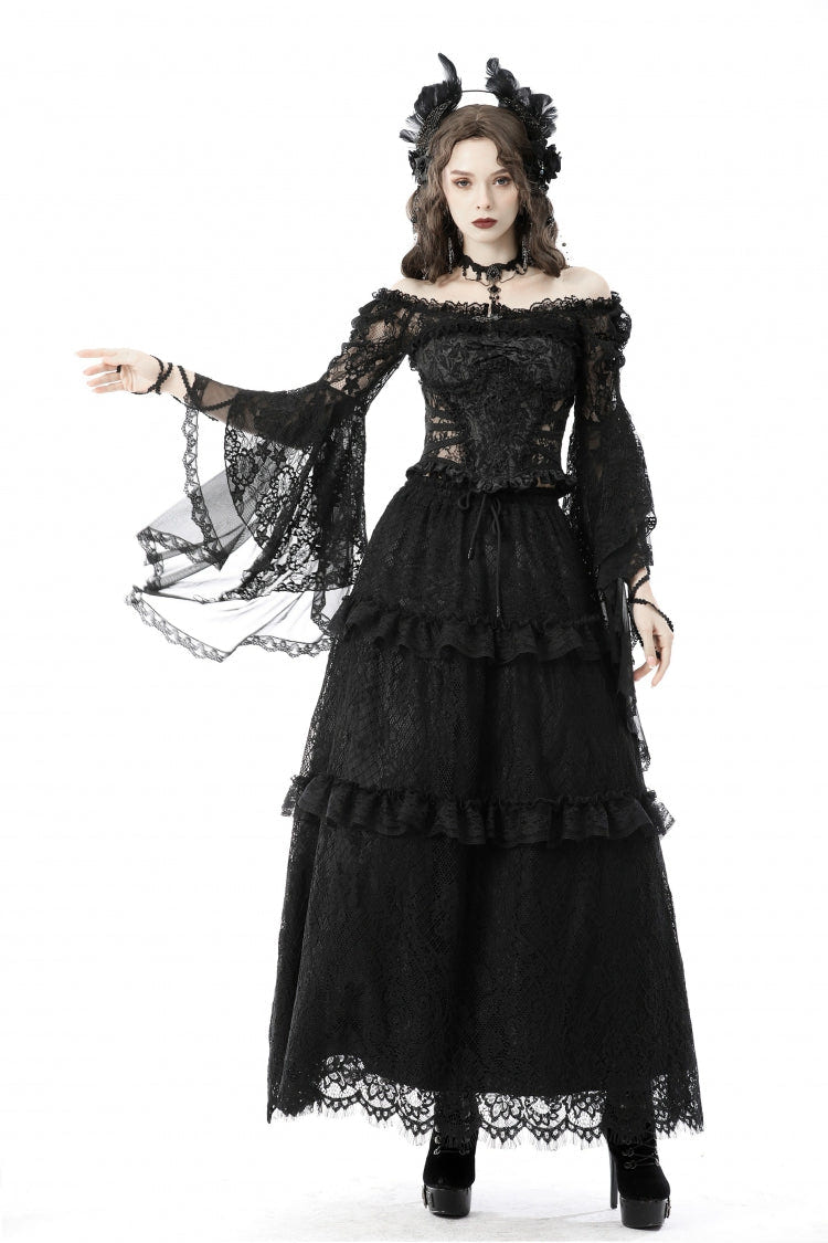 Black Off Shoulder Lace Long Trumpet Sleeves Floral Mesh Women's Gothic Cape - Product - 11