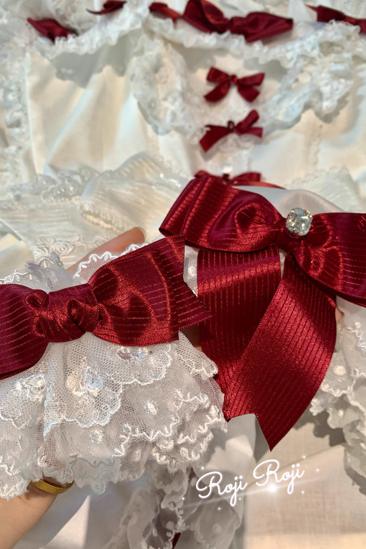 Multi-Color Strawberry Angel Cherry Blossom Tree Bowknot Lace Sweet Lolita Hand Sleeves 9 Colors - Wine-Red - 1