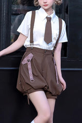 Brown Bunny Detective Short Sleeves Prince Ouji Lolita Shorts and Blouse Set - Brown - 1