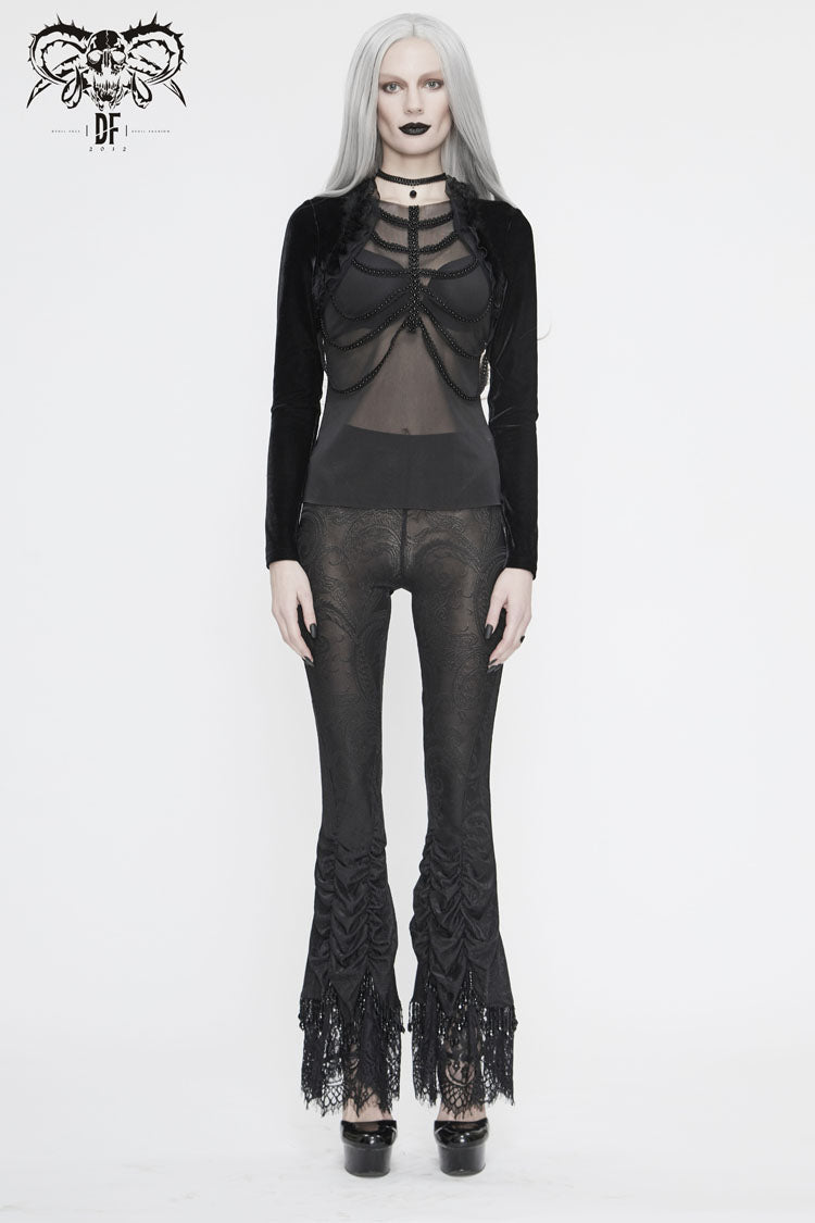 Black Front Beads Chain Decoration Velvet Frill Shawl Mesh Women's Gothic T-Shirt - Product - 4