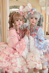 [Bunny Hime] Doll Collar Short Sleeves Multi-Layered Ruffled Bow Sweet Lolita Dress 2 Colors (Blue, Pink) - Product - 7