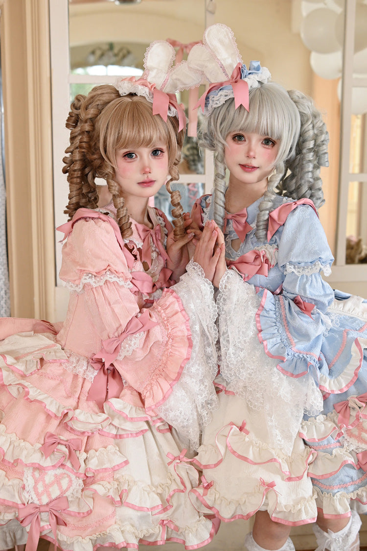 [Bunny Hime] Doll Collar Short Sleeves Multi-Layered Ruffled Bow Sweet Lolita Dress 2 Colors (Blue, Pink) - Product - 7