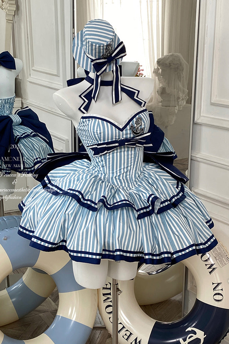 Blue [Sailing Sweetheart] Double-Layered Vertical Stripes Print Ruffle Bowknot Sweet Lolita Dress - Product - 3