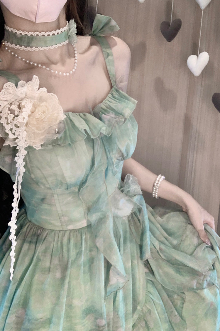 Green [Forest Garden] Print Ruffle Bowknot Sweet Lolita Jsk Long Dress - Product - 7