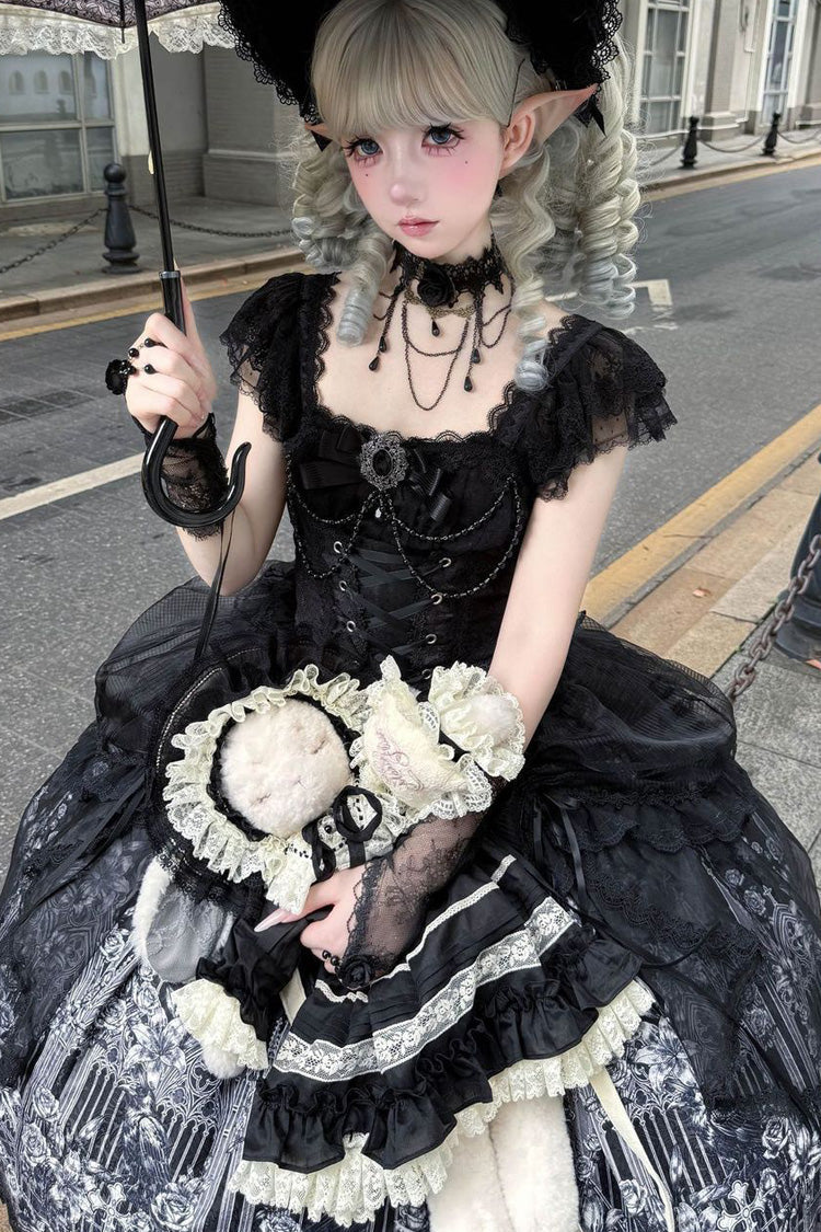 Black [Sacred Thorn Feather Relic] Square Collar Short Sleeves Printed Ruffled Open-Front Bow Lace Gothic Lolita Dress - Product - 3