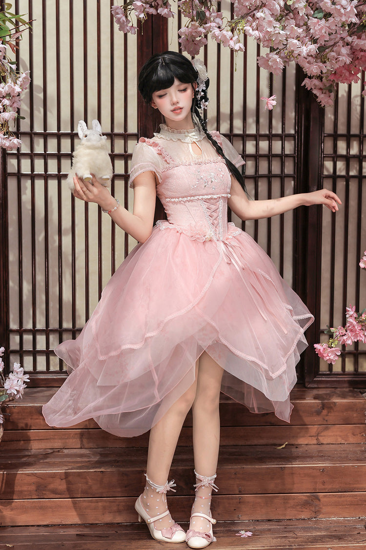 [Fragrance] Stand Collar Short Sleeves Multi-Layered Printed Ruffled Bow Lace Irregular Chinese Style Sweet Lolita Dress 2 Colors (Green, Pink) - Product - 10