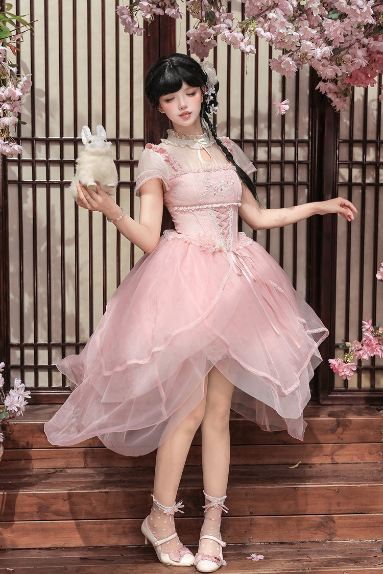 [Fragrance] Stand Collar Short Sleeves Multi-Layered Printed Ruffled Bow Lace Irregular Chinese Style Sweet Lolita Dress 2 Colors (Green, Pink) - Product - 10