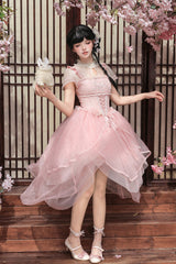 [Fragrance] Stand Collar Short Sleeves Multi-Layered Printed Ruffled Bow Lace Irregular Chinese Style Sweet Lolita Dress 2 Colors (Green, Pink) - Product - 10