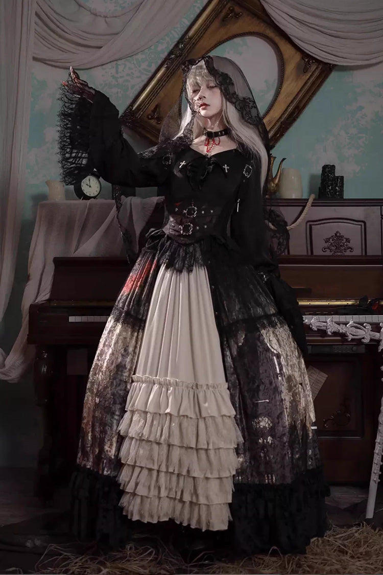 [Heretical Nun] Sleeveless Multi-Layered Printed Ruffled Open-Front Gothic Plus Size Lolita Strap Dress Long Version 2 Colors - Black/White - 2