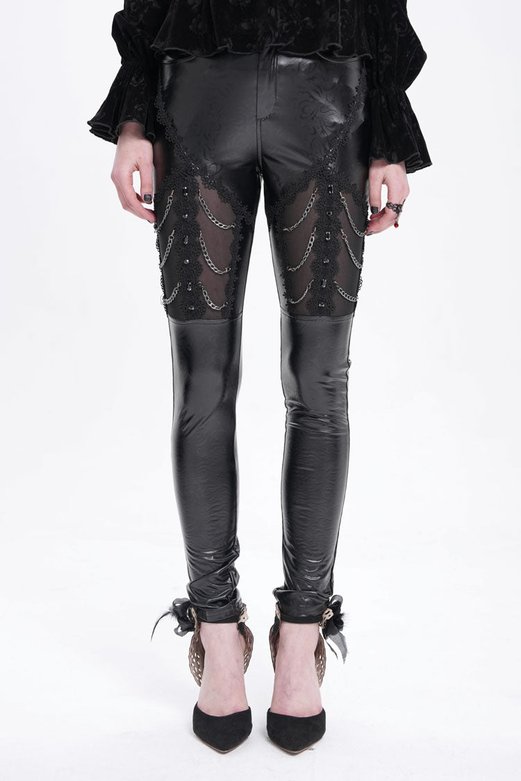 Black Chain Faux Leather Stitching Lace Women's Gothic Pants - Product - 2