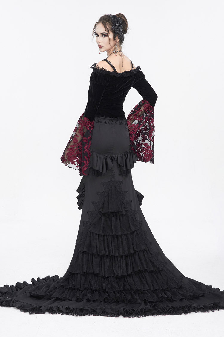Black/Red Off Shoulder Trumpet Sleeves Embroidery Lace Women's Gothic Blouse - Product - 5